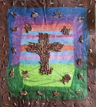 an image with a dark brown murky border, dark daylight colours for an inner border, and a cross scene in daylight with the sunrise (or sunset beyond). Small pieces of sticks represent the chaos and order of our minds and God's plan.